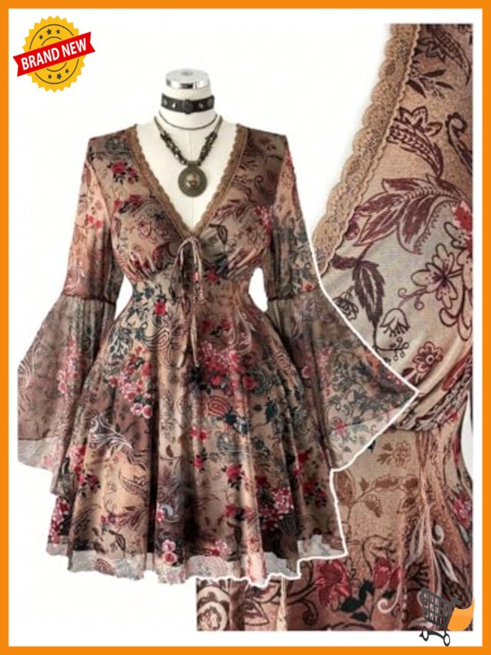 Plus Size Boho Paisley Lace Mini Dress Long Sleeve Sweetheart Neck - Picture 2 of 4